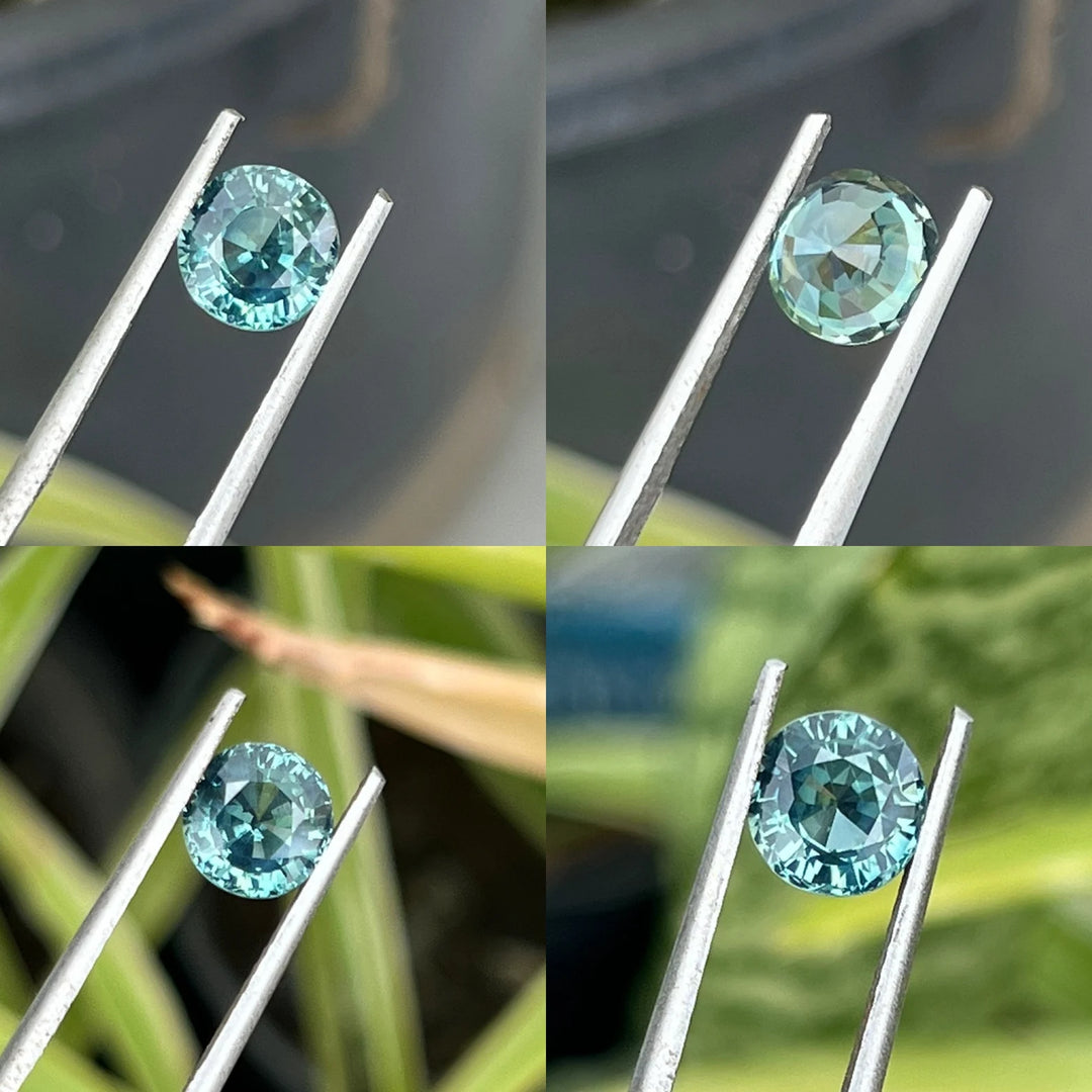 1.58 Ct Round Cut Bi-Color Teal Green Sapphire, 6.7mm x 6.6mm x 4.4mm By Valley Rose