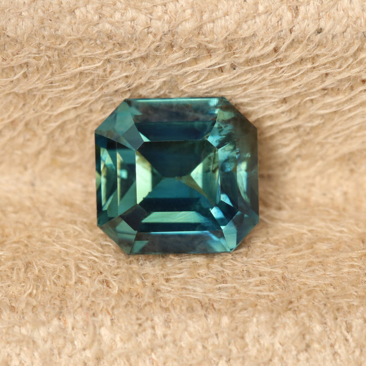 2.04 Ct Asscher Cut Bi-Color Teal Green Sapphire, 6.6mm x 6.4mm x 4.6mm By Valley Rose