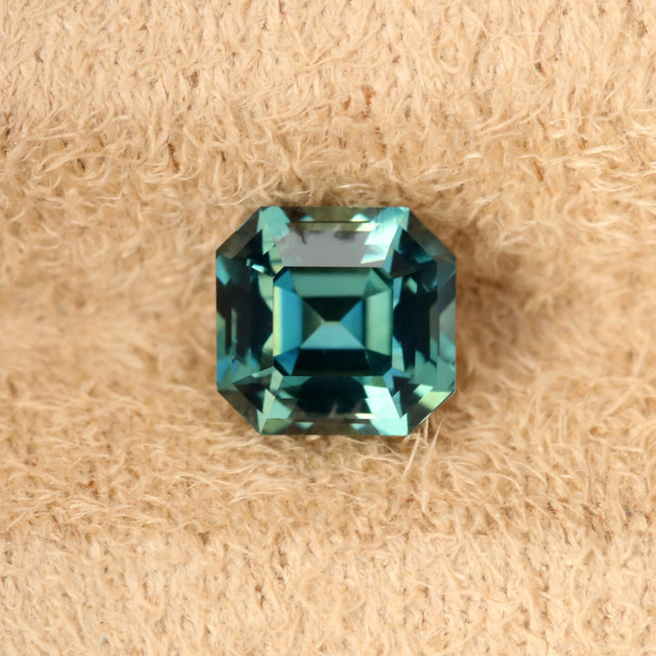 2.06 Ct Asscher Cut Bi-Color Teal Green Sapphire, 6.5mm x 6.15mm x 5.05mm By Valley Rose
