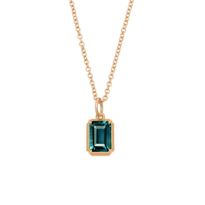 Emerald Cut Teal Sapphire Charm in 14k Gold Teal Sapphire By Valley Rose Ethical Jewelry