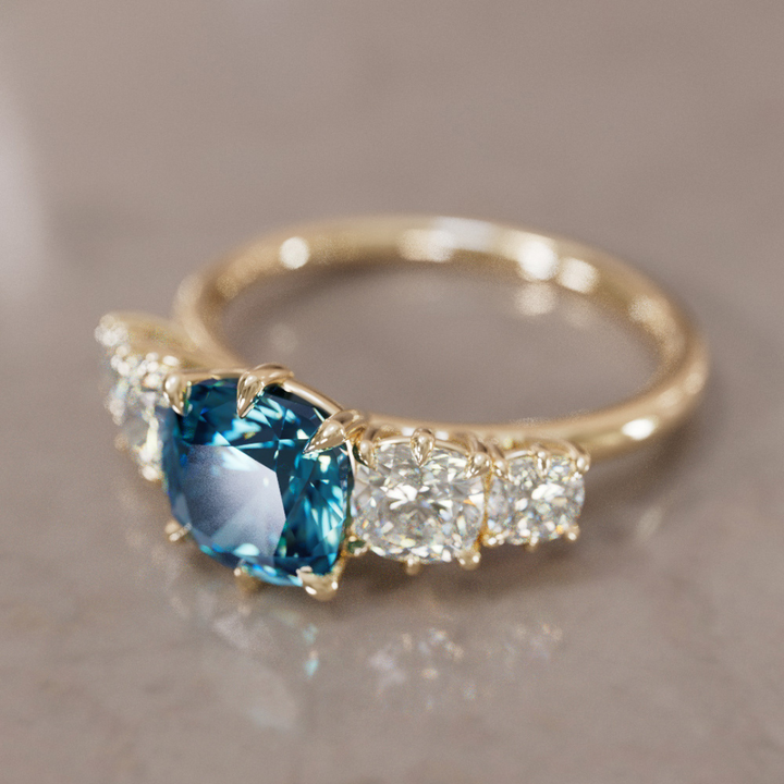 Acoma Cushion Cut Blue Sapphire Vintage Unique Five Stone Engagement Ring By Valley Rose