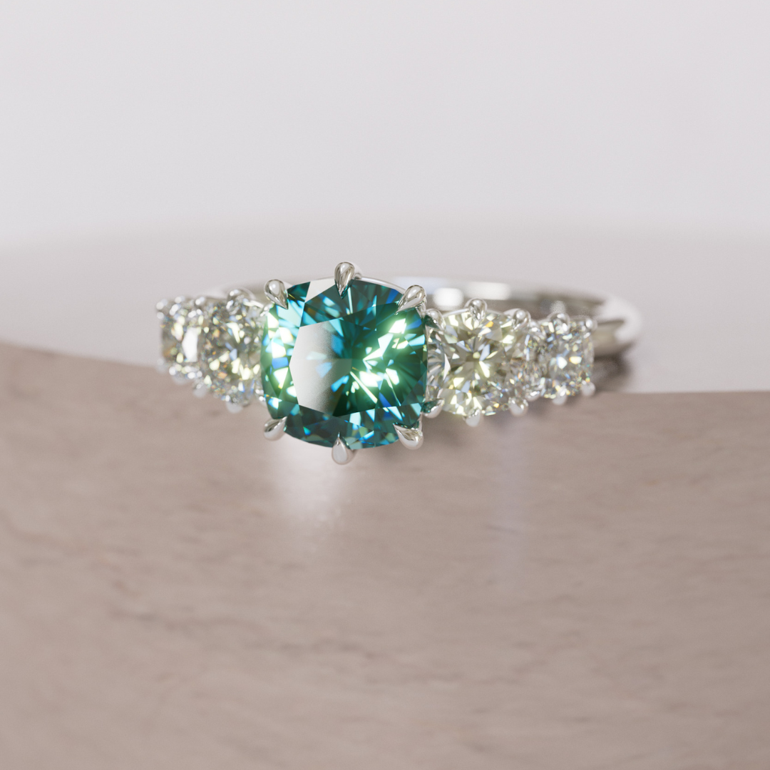 Acoma Cushion Cut Teal Sapphire Vintage Unique Five Stone Engagement Ring By Valley Rose