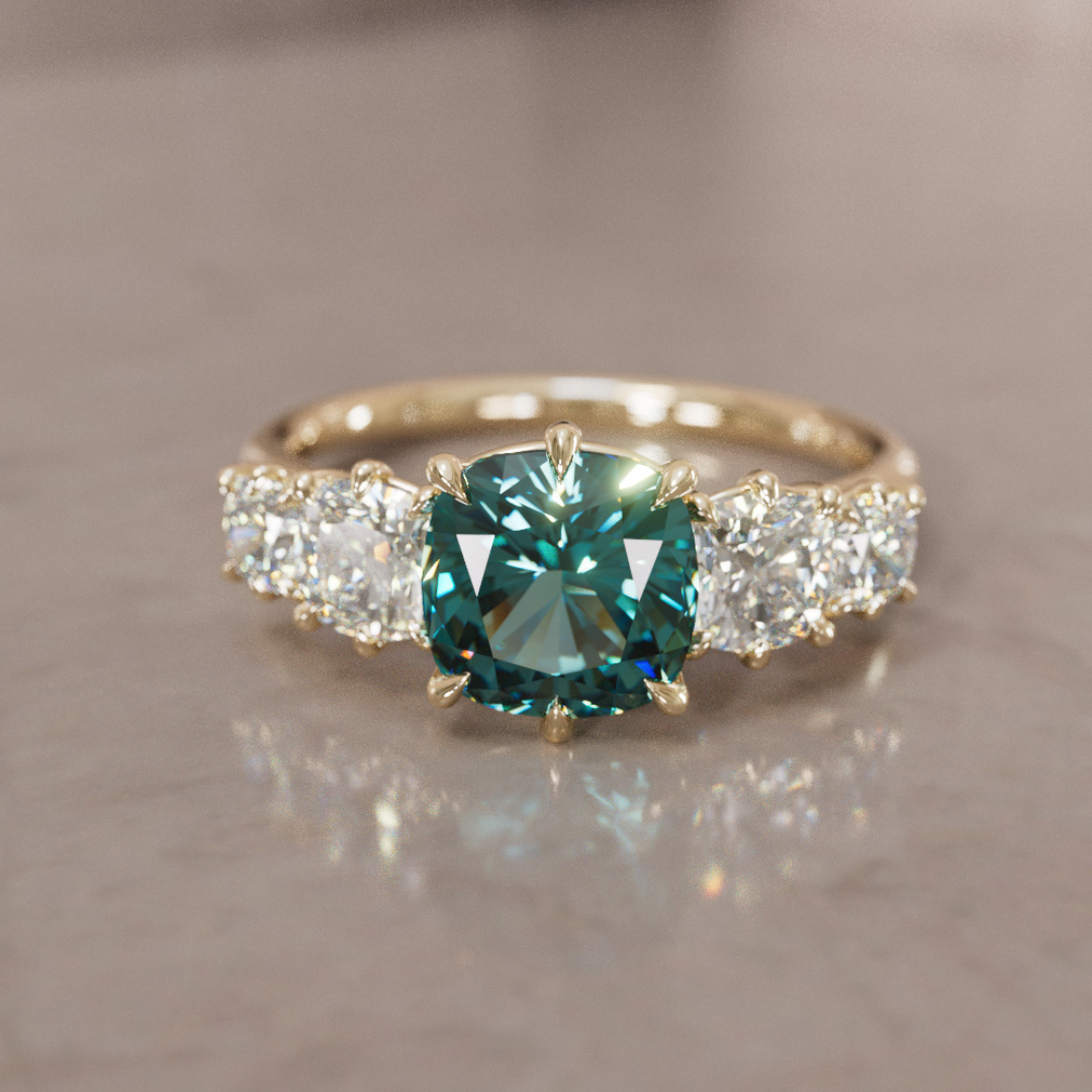 Acoma Cushion Cut Teal Sapphire Vintage Unique Five Stone Engagement Ring By Valley Rose