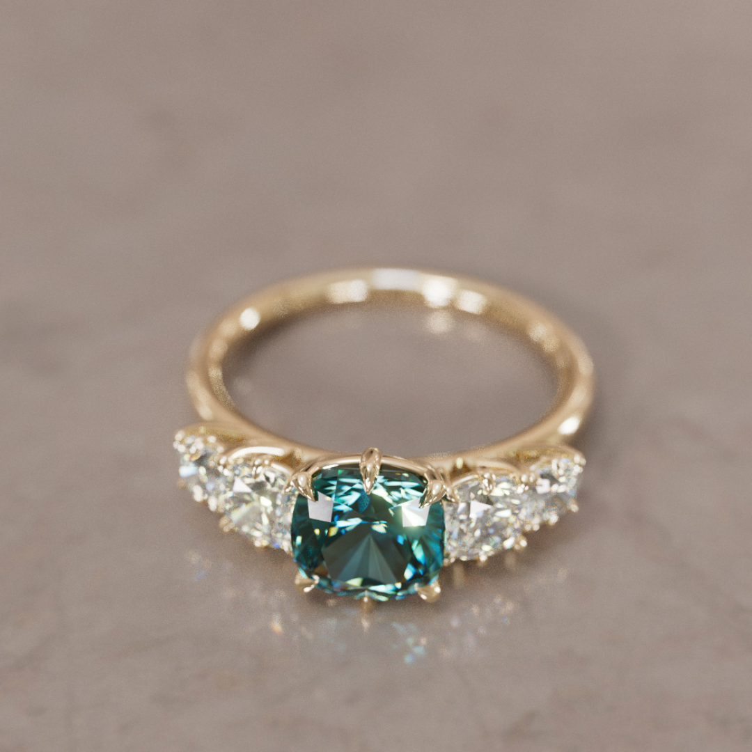 Acoma Cushion Cut Teal Sapphire Vintage Unique Five Stone Engagement Ring By Valley Rose