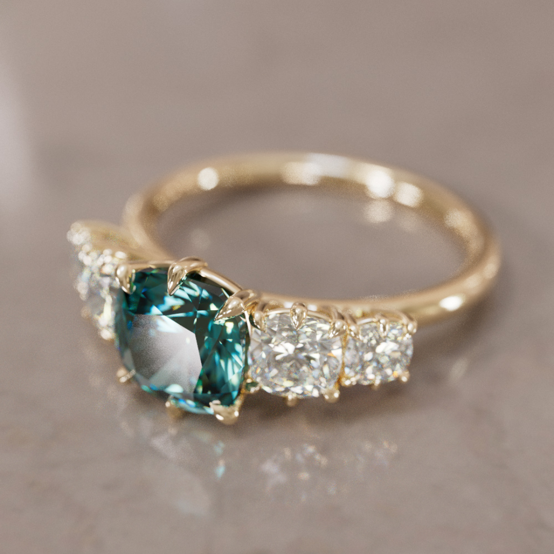 Acoma Cushion Cut Teal Sapphire Vintage Unique Five Stone Engagement Ring By Valley Rose