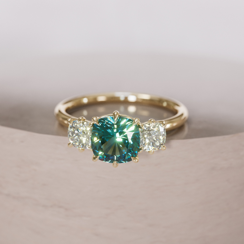 Adie Cushion Cut Teal Sapphire Unique Vintage Three Stone Engagement Ring By Valley Rose