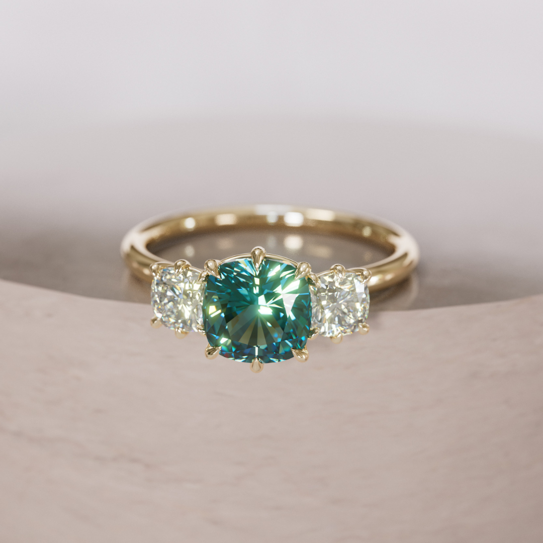Adie Cushion Cut Teal Sapphire Unique Vintage Three Stone Engagement Ring By Valley Rose