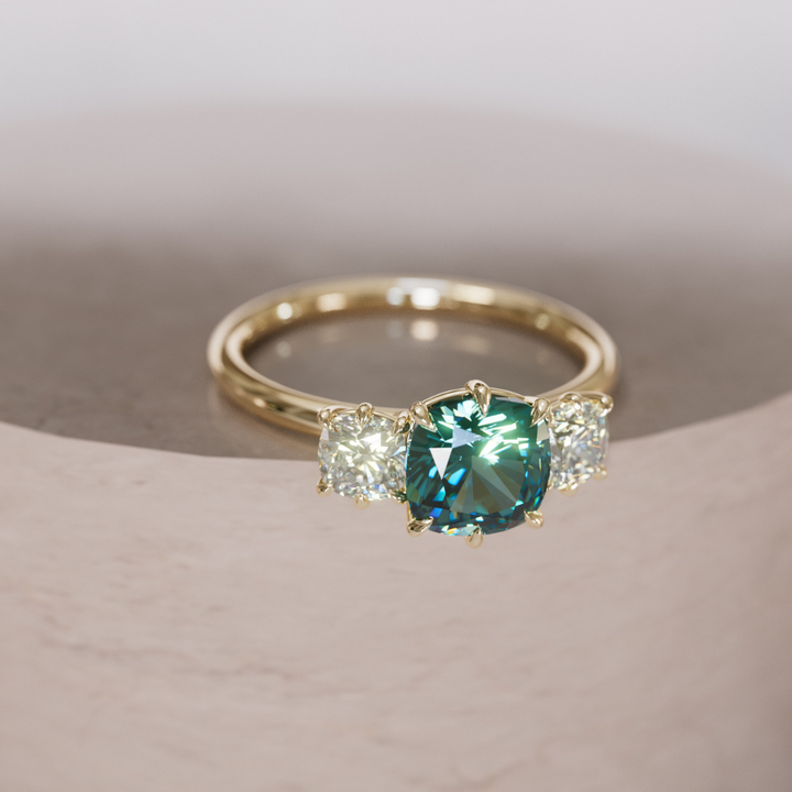 Adie Cushion Cut Teal Sapphire Unique Vintage Three Stone Engagement Ring By Valley Rose
