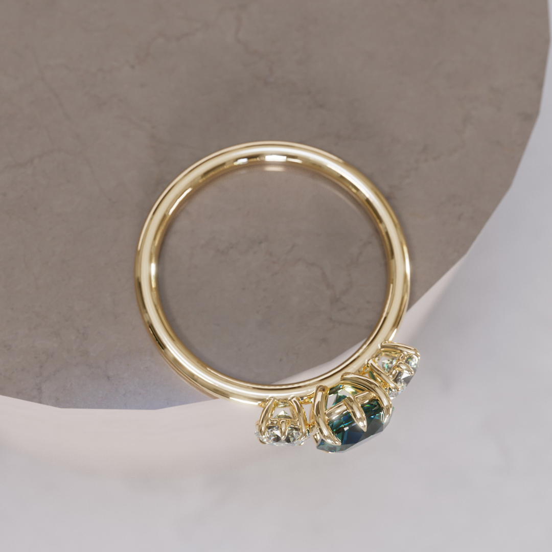 Adie Cushion Cut Teal Sapphire Unique Vintage Three Stone Engagement Ring By Valley Rose