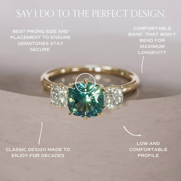 Adie Cushion Cut Teal Sapphire Unique Vintage Three Stone Engagement Ring By Valley Rose