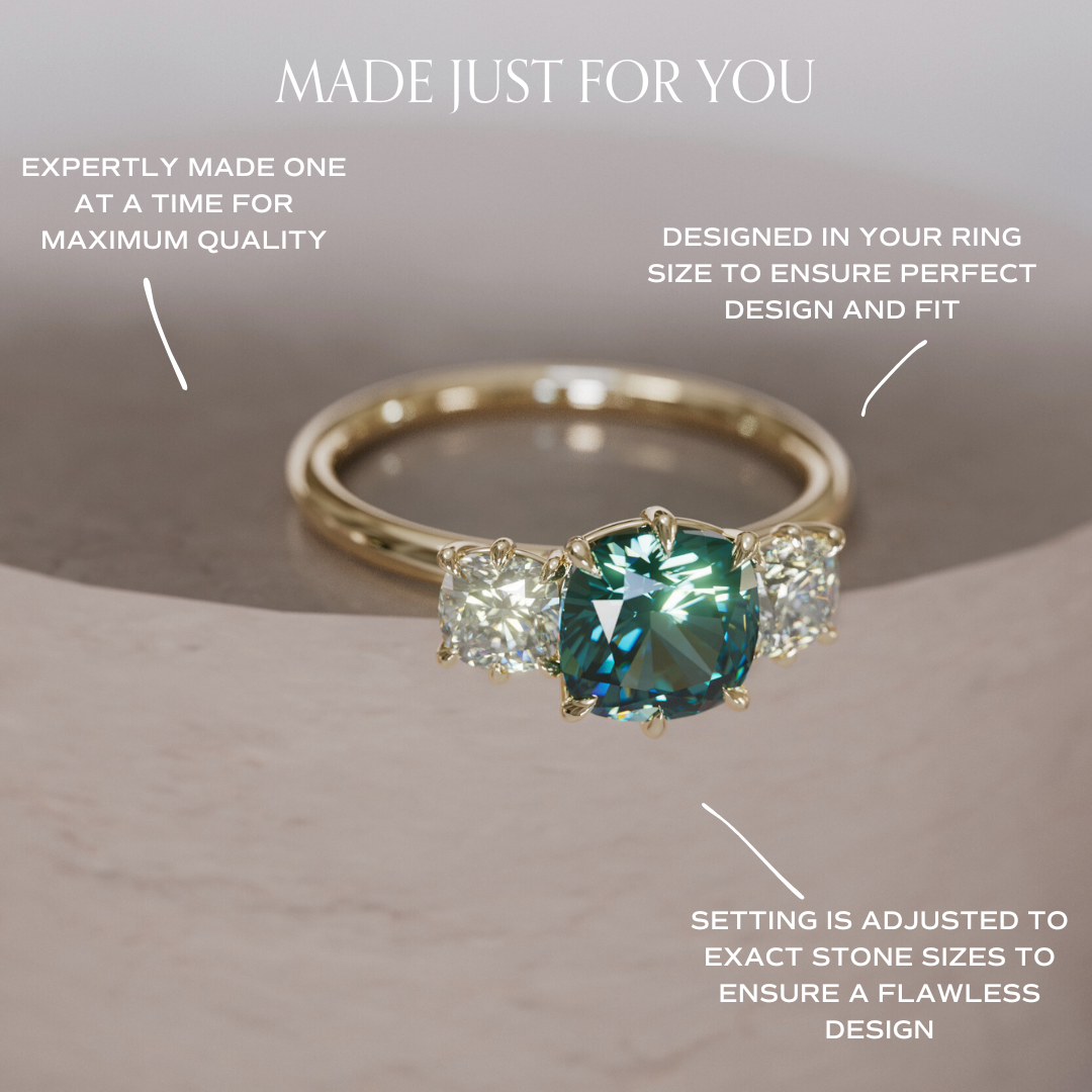 Adie Cushion Cut Teal Sapphire Unique Vintage Three Stone Engagement Ring By Valley Rose