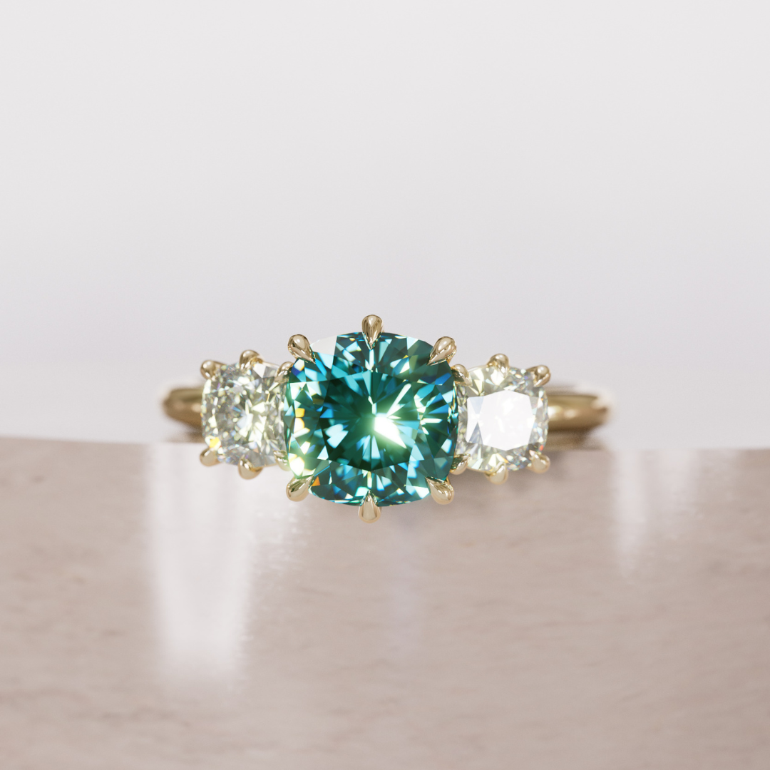 Adie Cushion Cut Teal Sapphire Unique Vintage Three Stone Engagement Ring By Valley Rose