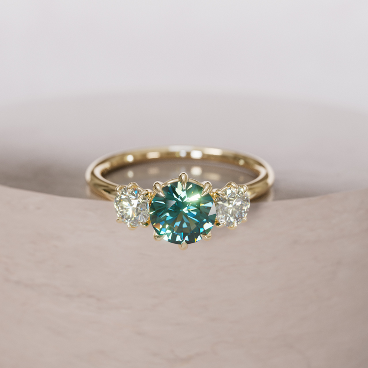 Amerie Teal Sapphire Modern Unique Three Stone Engagement Ring By Valley Rose