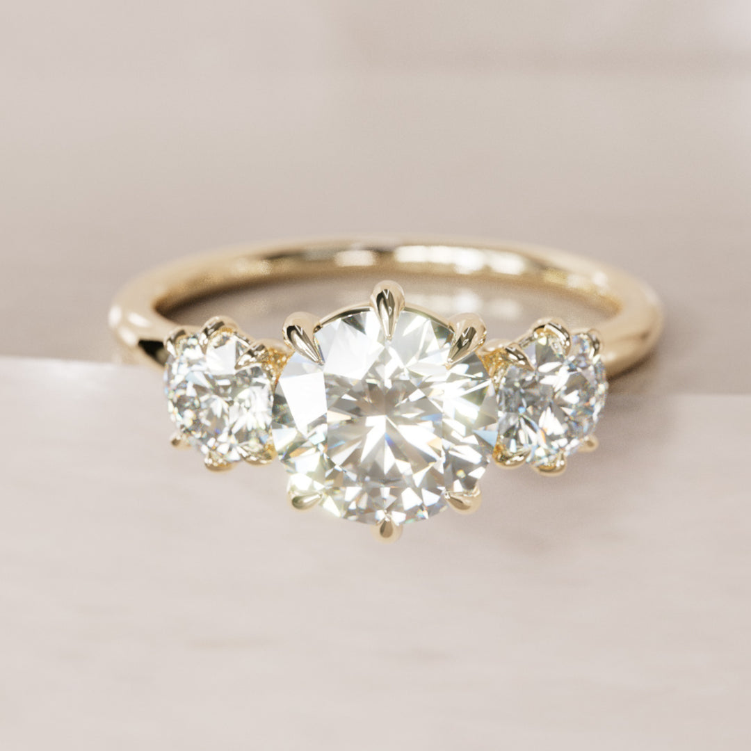 Amerie Unique Modern Round Lab Diamond Three Stone Engagement Ring By Valley Rose