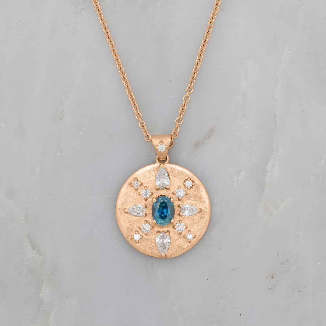 Oval Cut Blue Sapphire Coin Pendant with Diamonds in 14k Gold Teal Sapphire By Valley Rose Ethical Jewelry