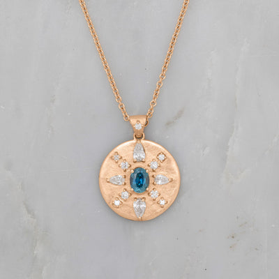 Oval Cut Blue Sapphire Coin Pendant with Diamonds in 14k Gold Teal Sapphire By Valley Rose Ethical Jewelry