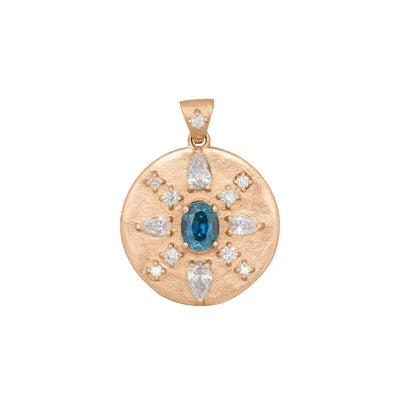 Oval Cut Blue Sapphire Coin Pendant with Diamonds in 14k Gold Teal Sapphire By Valley Rose Ethical Jewelry