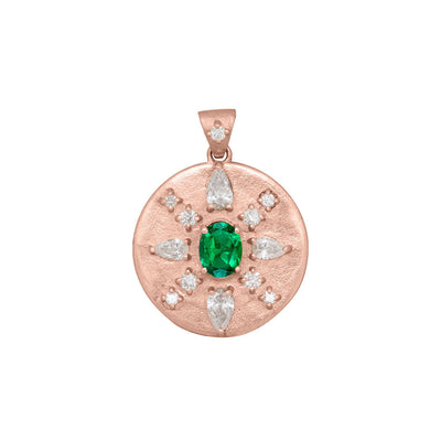 Oval Cut EmeraldCoin Pendant with Diamonds in 14k Gold By Valley Rose Ethical Jewelry