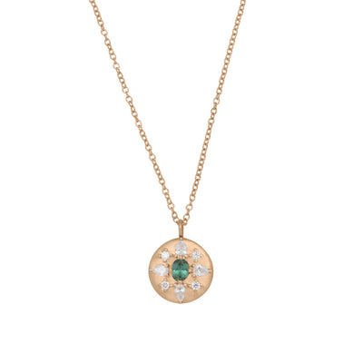 Oval Cut Teal Sapphire Coin Pendant with Diamonds in 14k Gold By Valley Rose Ethical Jewelry