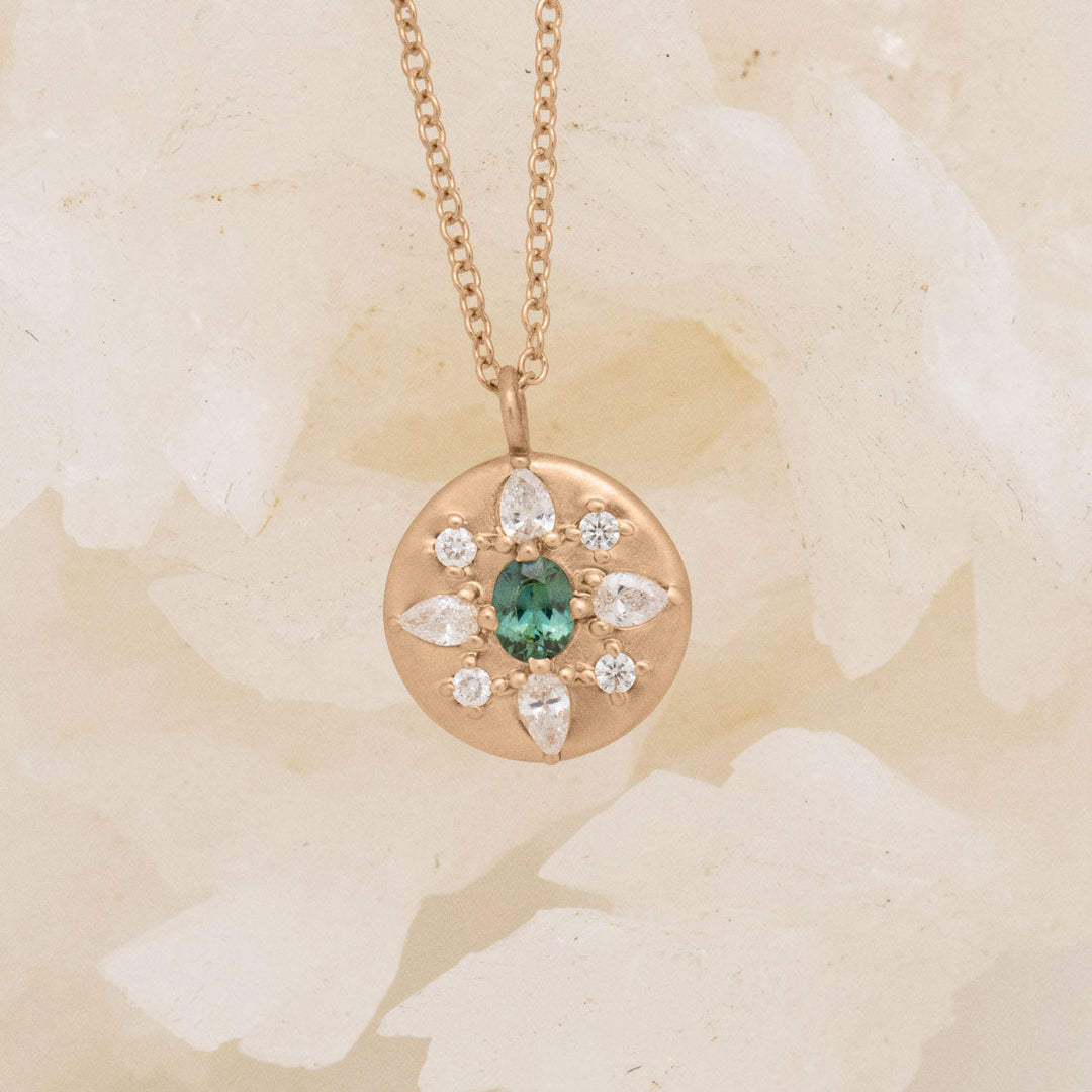 Oval Cut Teal Sapphire Coin Pendant with Diamonds in 14k Gold By Valley Rose Ethical Jewelry