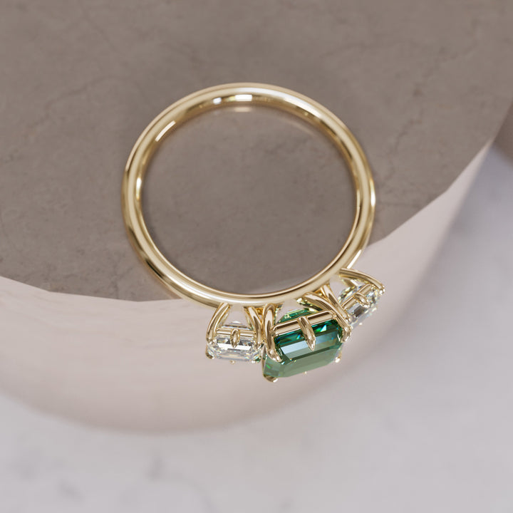 Ari Asscher Cut Green Sapphire Modern Unique Three Stone Engagement Ring By Valley Rose