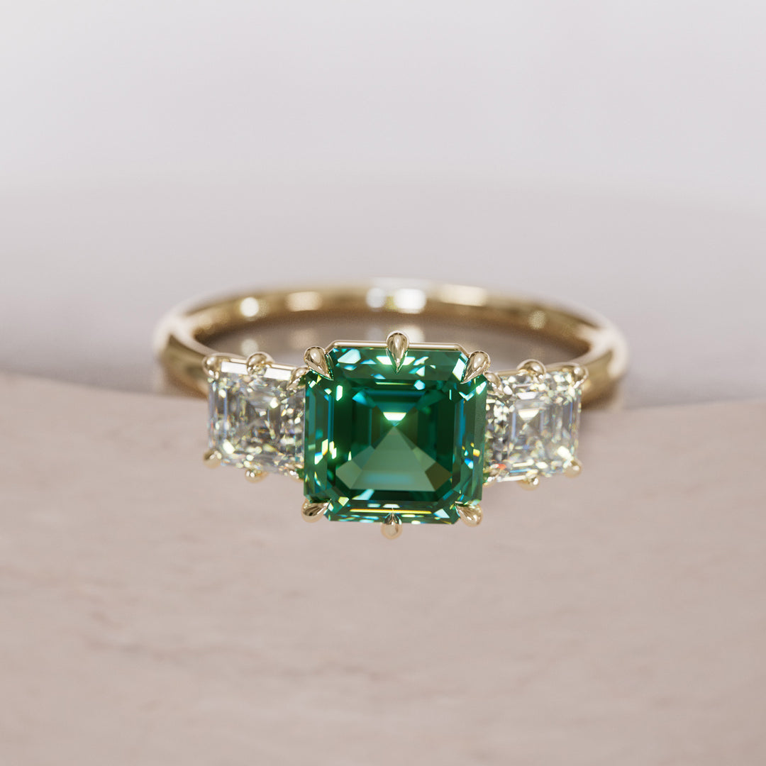 Ari Asscher Cut Green Sapphire Modern Unique Three Stone Engagement Ring By Valley Rose