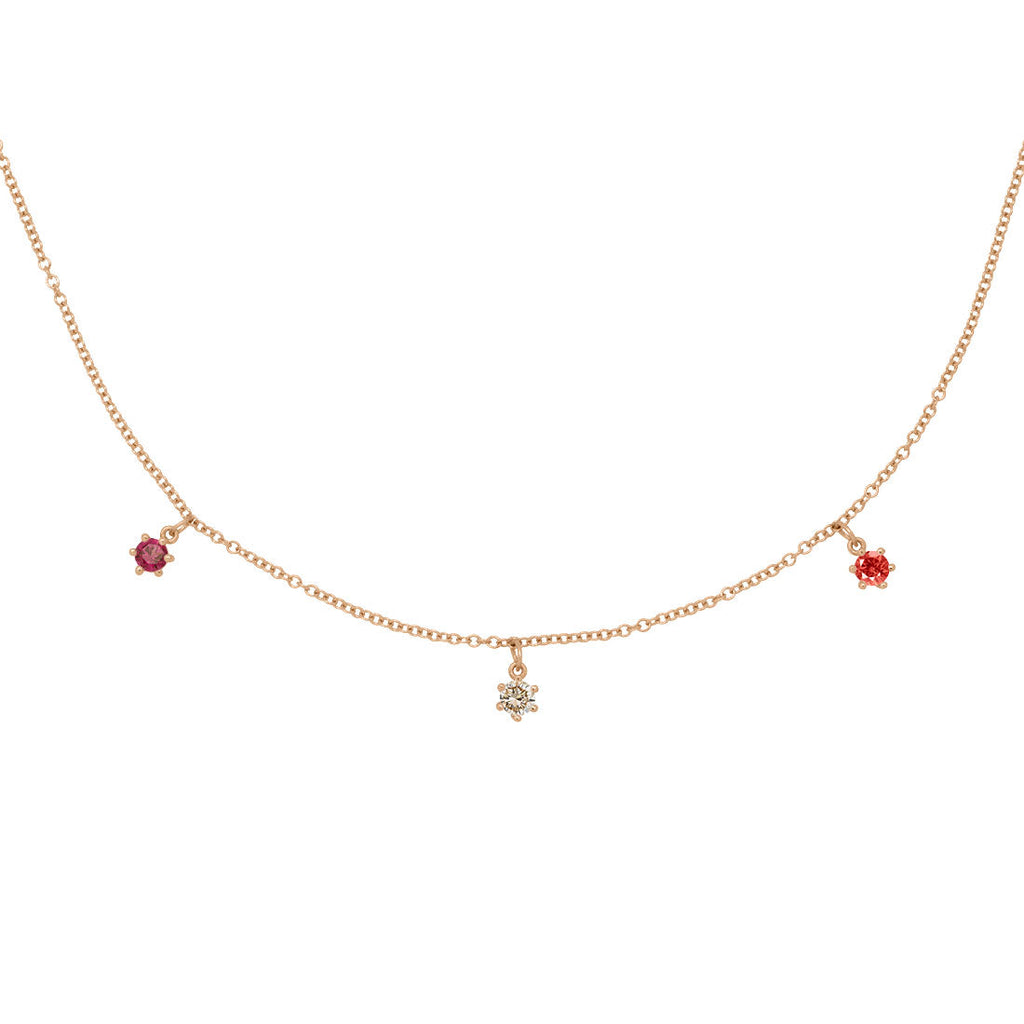 Aries Zodiac Gold Fringe Necklace with Birth Chart Gemstones Champagne Diamond and Garnets 16