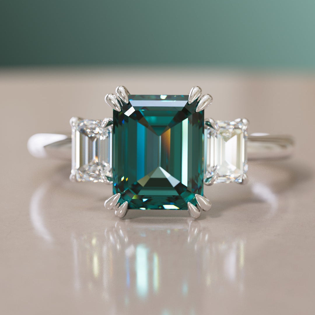 Atlahua Emerald Cut Teal Sapphire Unique Art Deco Modern Engagement Ring By Valley Rose