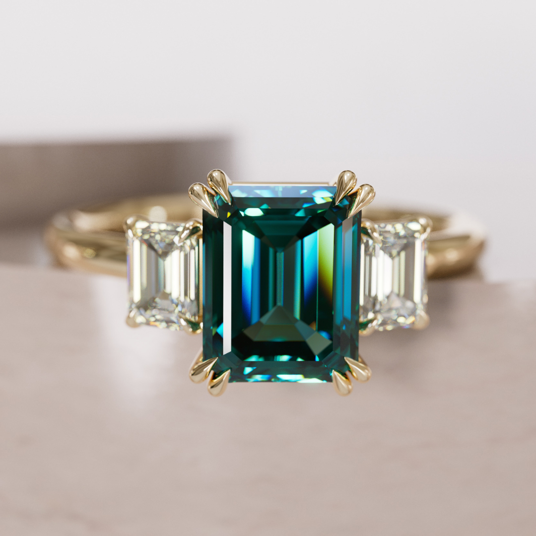 Atlahua Emerald Cut Teal Sapphire Unique Art Deco Modern Engagement Ring By Valley Rose