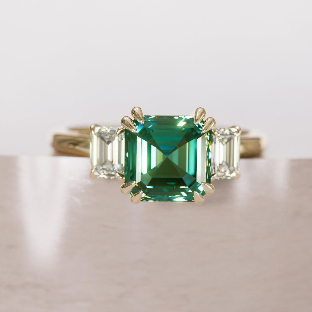 Aysel Asscher Cut Green Sapphire Modern Unique Three Stone Engagement Ring By Valley Rose