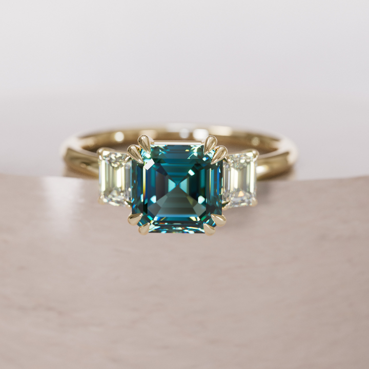 Aysel Asscher Cut Teal Sapphire Modern Unique Three Stone Engagement Ring By Valley Rose