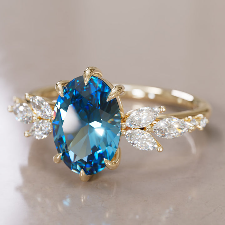Calla Oval Blue Sapphire Engagement Flower Ring Nature Inspired By Valley Rose