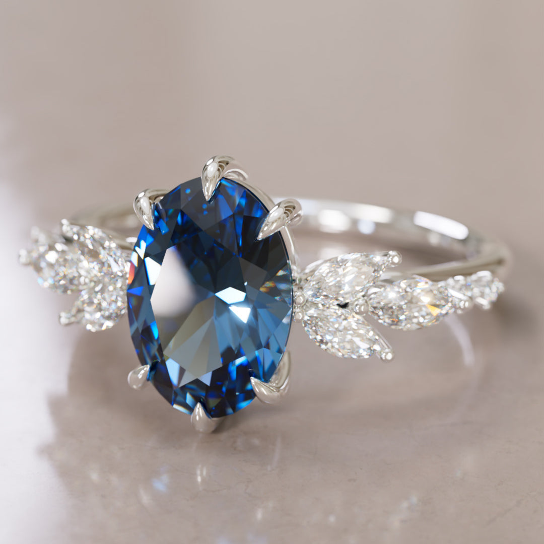 Calla Oval Blue Sapphire Engagement Flower Ring Nature Inspired By Valley Rose
