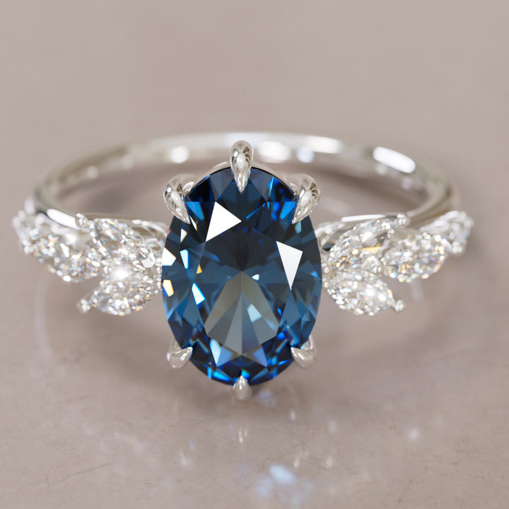 Calla Oval Blue Sapphire Engagement Flower Ring Nature Inspired By Valley Rose