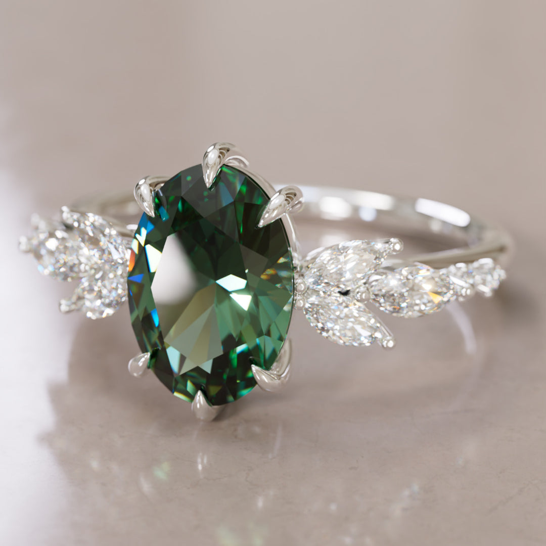 Calla Oval Green Sapphire Engagement Flower Ring Nature Inspired By Valley Rose