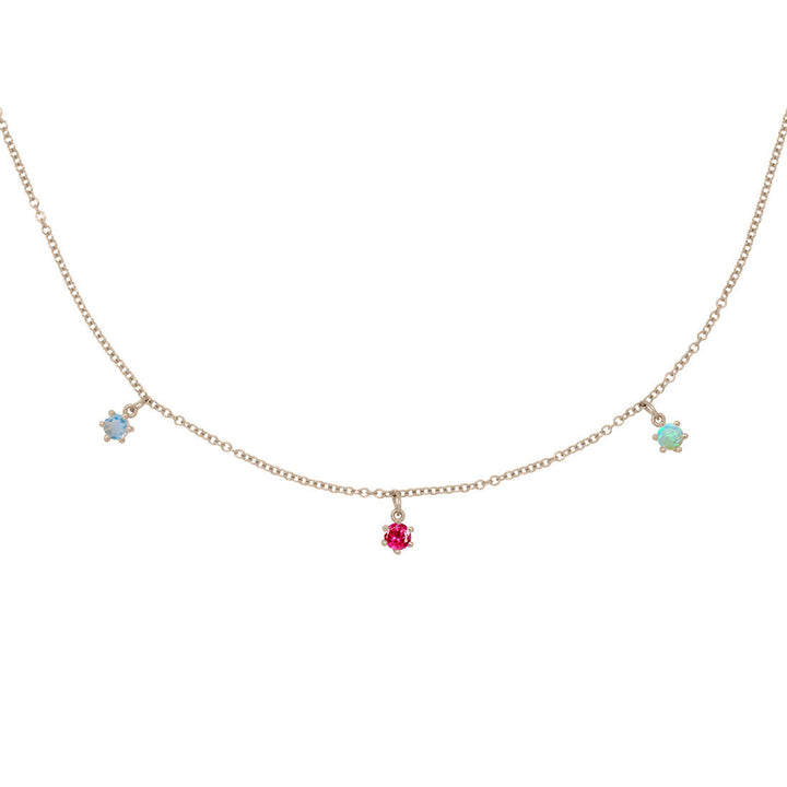 Cancer Zodiac Gold Fringe Necklace with Ruby, Moonstone, and Opal Charms 16" Chain By Valley Rose Ethical Jewelry