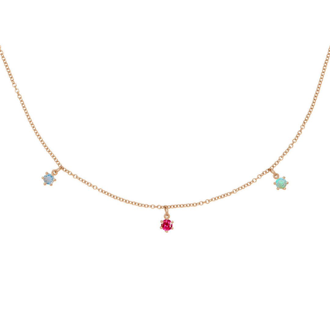 Cancer Zodiac Gold Fringe Necklace with Ruby, Moonstone, and Opal Charms 16" Chain By Valley Rose Ethical Jewelry