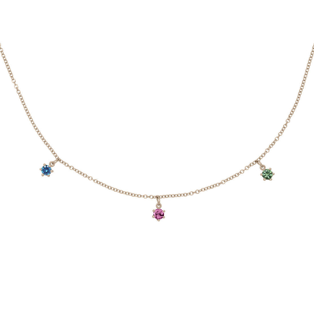 Capricorn Zodiac Gold Fringe Necklace with Garnet, Blue Sapphire and Green Sapphire 16" Chain By Valley Rose Ethical Jewelry
