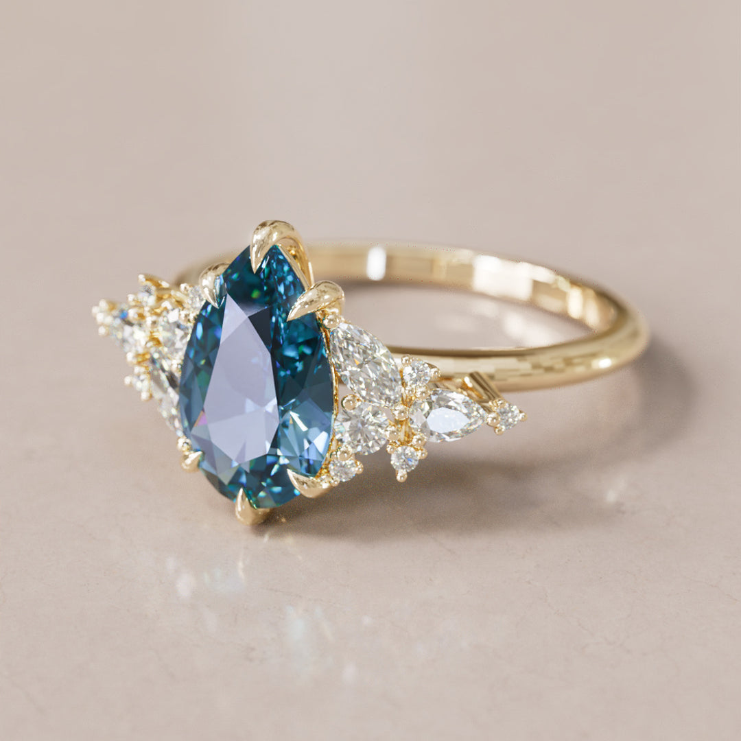 Cassia Pear Blue Sapphire Engagement Flower Ring Nature Inspired By Valley Rose