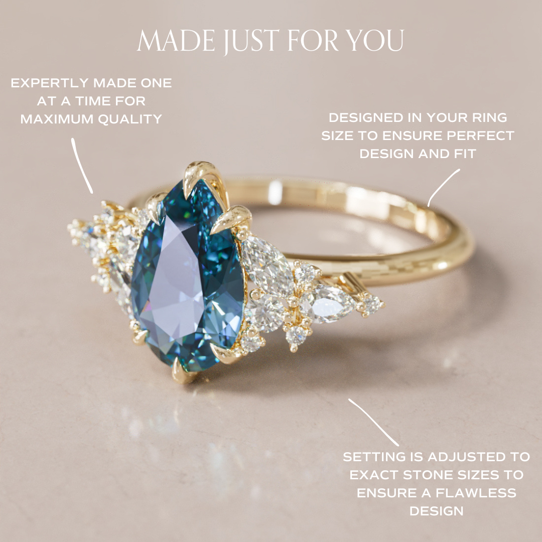 Cassia Pear Blue Sapphire Engagement Flower Ring Nature Inspired By Valley Rose