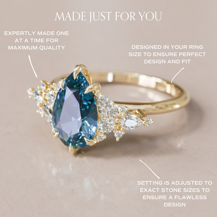 Cassia Pear Blue Sapphire Engagement Flower Ring Nature Inspired By Valley Rose