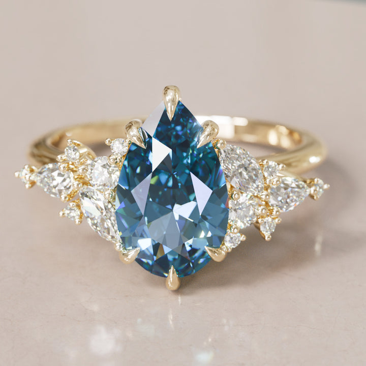 Cassia Pear Blue Sapphire Engagement Flower Ring Nature Inspired By Valley Rose