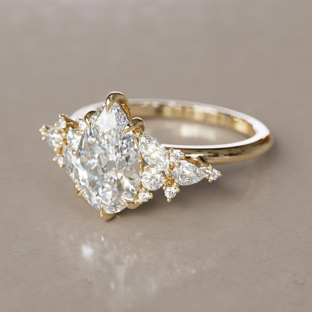 Cassia Pear Lab Diamond Engagement Flower Ring Nature Inspired By Valley Rose