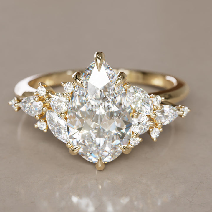 Cassia Pear Lab Diamond Engagement Flower Ring Nature Inspired By Valley Rose