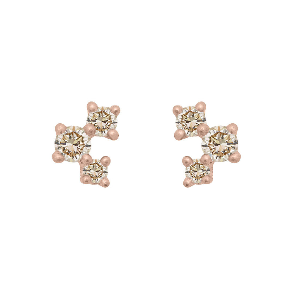 Champagne Diamond and Gold Cluster Earrings - Unique Celestial Three Stone Studs Single By Valley Rose Ethical Jewelry