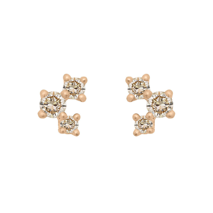 Champagne Diamond and Gold Cluster Earrings - Unique Celestial Three Stone Studs Single By Valley Rose Ethical Jewelry