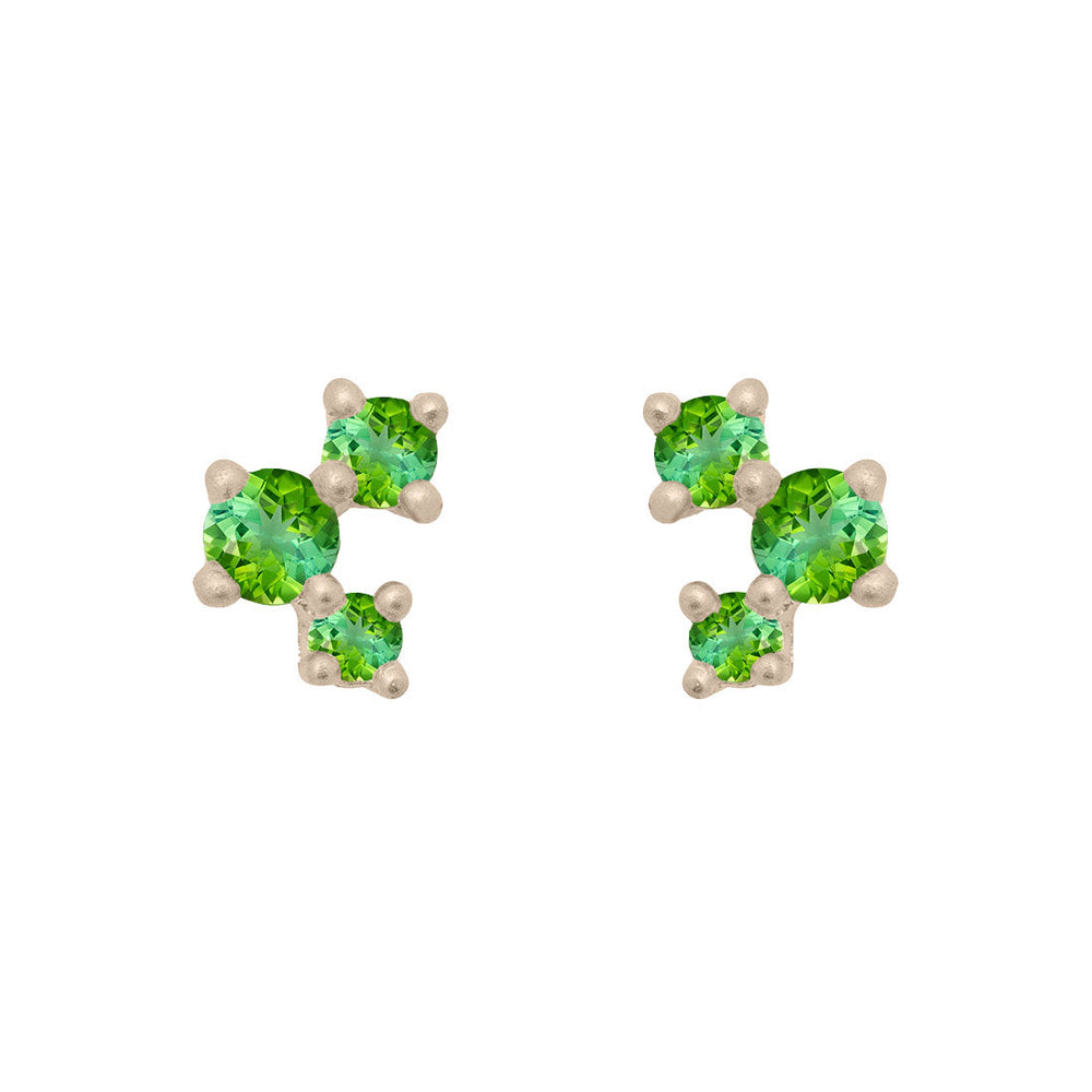 Green Tourmaline and Gold Cluster Earrings - Unique Celestial Three Stone Studs Single By Valley Rose Ethical Jewelry