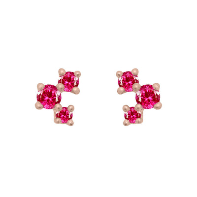 Pink Ruby and Gold Cluster Earrings - Unique Celestial Three Stone Studs Single By Valley Rose Ethical Jewelry