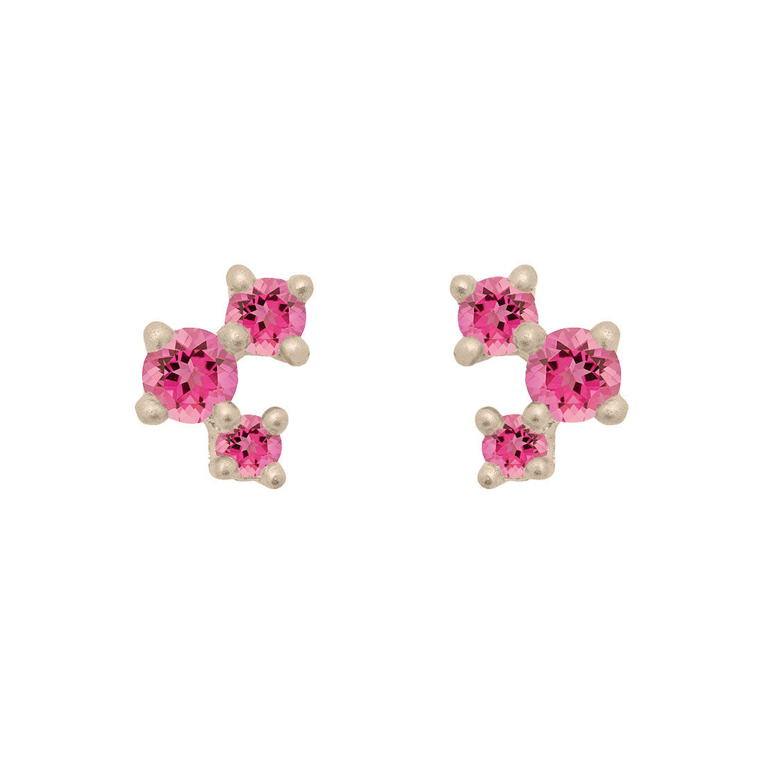 Pink Tourmaline and Gold Cluster Earrings - Unique Celestial Three Stone Studs Single By Valley Rose Ethical Jewelry