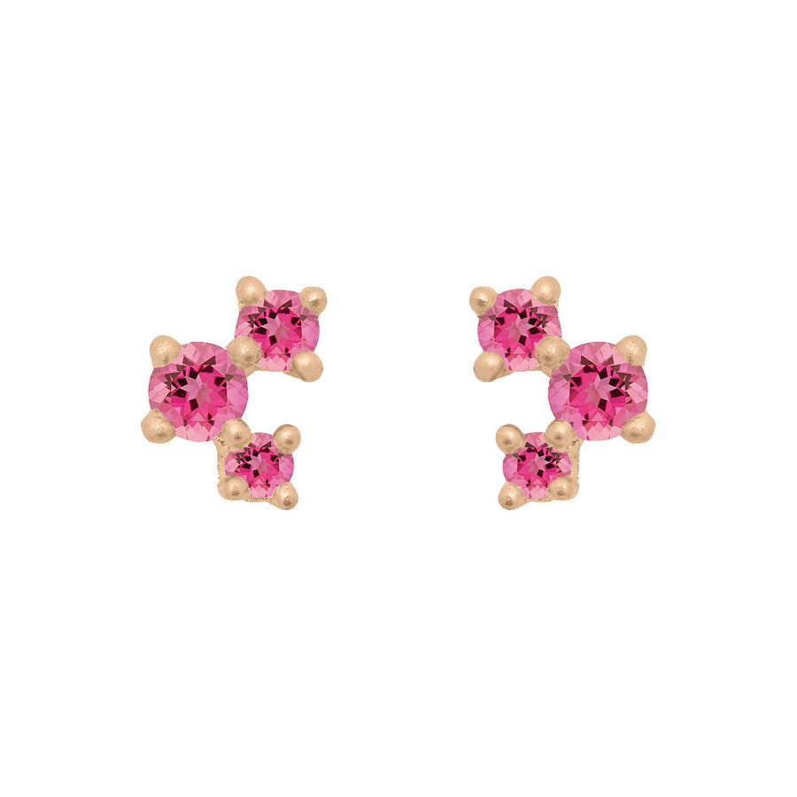 Pink Tourmaline and Gold Cluster Earrings - Unique Celestial Three Stone Studs Single By Valley Rose Ethical Jewelry